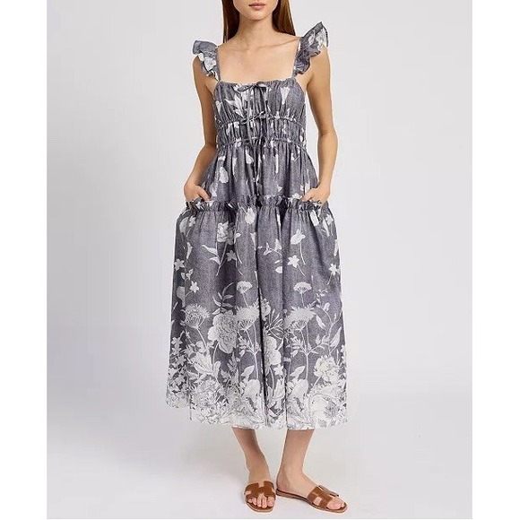 En Saison Dresses & Skirts - En Saison Sydney Midi Dress Tiered Flutter Sleeve Floral CottageCore Stretch S
